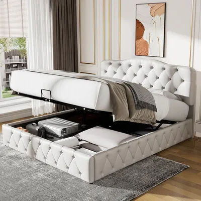 Obrázok produktu pre Čalúnená posteľ Merax 140x200 cm s lamelovým roštom a výškovo nastaviteľným čelom, hydraulická skriňová pružina s úložným priestorom, manželská posteľ z imitácie kože, biela