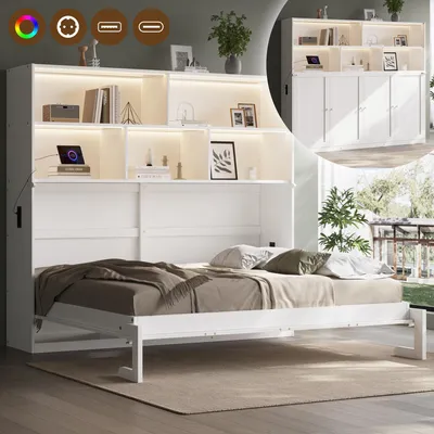 Produktbild von STILVORA Schrankbett 90x200cm mit LED-Lichtleiste und Stauraum, Einzelbett mit USB-Ladefunktion, Holzbett umwandelbar, Weiß
