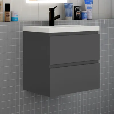 Produktbild von Badezimmermöbel 60cm CINIC-Serie Dickes Keramik Waschtisch mit Unterschrank Hängeschrank Badezimmerschränke mit 2 Schubladen Anthrazit