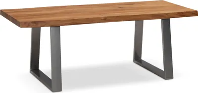 Productafbeelding van WOHNLING salontafel 120x60x46 cm, massief acaciahout / metaal, met boomranddetail. Rechthoekige salontafel voor de woonkamer, geschikt als bijzettafel of salontafel. Bruin