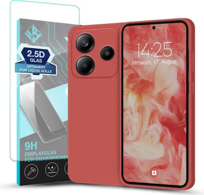 Produktbild von Hülle für Xiaomi Redmi Note 14 5G mit 9H Displayglas Displayschutz Plus Case Cover Bumper Silikon Softgrip Schutzhülle Farbe: Rot
