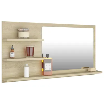 A bathroom mirror with shelves holding various toiletries.