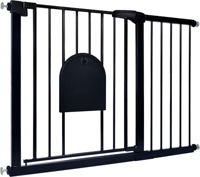 Productafbeelding van QEENTOE veiligheidshek, hondenhek voor deuropeningen en trappen (105-115 cm), met geïntegreerde huisdierenluik, inclusief verlengstuk van 30 cm, zwart