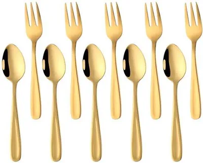 Zdjęcie produktu dla Zestaw eleganckich sztućców Unyqoos® Elegantes, 10-elementowy, do espresso i deserów, złoty, 13,5 cm, wykonany ze stali nierdzewnej przeznaczonej do kontaktu z żywnością, z powłoką PVD w kolorze złota, ergonomiczny