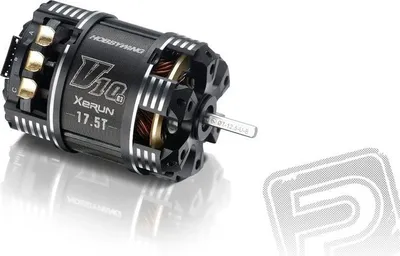 A black brushless motor with silver accents and gold windings, shown on a reflective white surface.