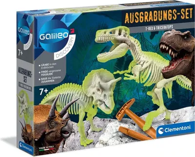 The image shows the packaging of a Galileo Ausgrabungsset T-Rex and Triceratops.