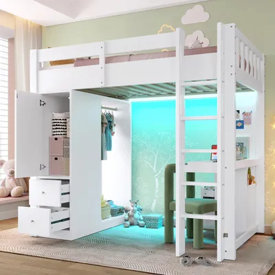 A child's loft bed with integrated storage, wardrobe, and desk, set up in a bedroom with decorative elements.