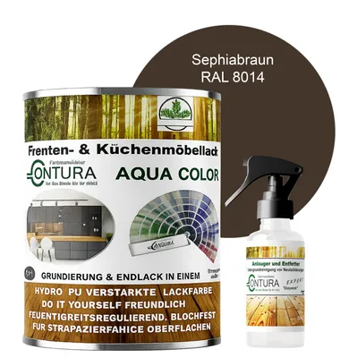Produktbild von 750ml. + Anlauger - Contura Küchenmöbellack RAL Möbellack SEIDENMATT SET Möbelfarbe Holzlack Buntlack Küchenlack - RAL 8014 Sephiabraun