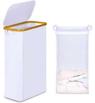 Produktbild von Wäschekorb mit Deckel 60L schmal faltbar mit herausnehmbarer Innentasche Bambus Weiß