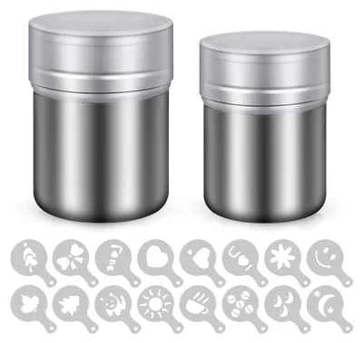 Produktbild von Puderzuckerstreuer-Set aus Edelstahl mit feinem Mehlsieb und Deckel - Pulverstreuer für Backen, Kochen, Zuhause und Restaurant mit 16 Druckformen, spülmaschinengeeignet