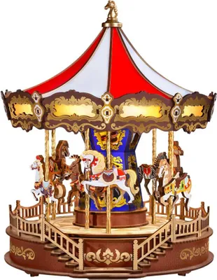 A detailed 3D wooden carousel model with horses and LED lighting.