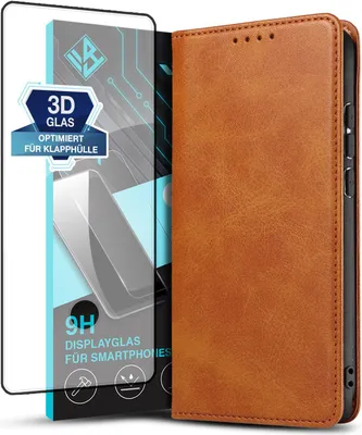 Produktbild von Handyhülle für Samsung Galaxy S22 Ultra mit 9H Displayglas Kunstleder Flip Cover Hülle Handytasche Case Kartenfach Farbe: Hellbraun