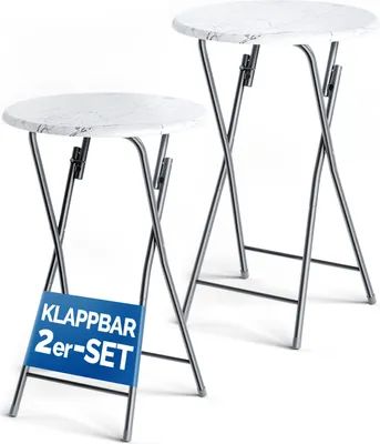 Produktbild von CASARIA® Stehtisch 2er Set Klappbar Höhe 110cm Ø 60cm Marmor Optik Beistelltisch Klapptisch Bartisch Cocktail Esstisch Rund Hochtisch Gartentisch weiß