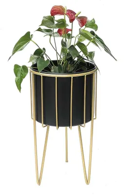Image de Tabouret à fleurs avec pot - Support de plantes et table d'appoint moderne en or noir - 68 cm de haut