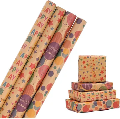 Obrázok produktu pre HBell narodeninový baliaci papier Rolls 4 Rolls Dots Star Kraft Darčekový baliaci papier