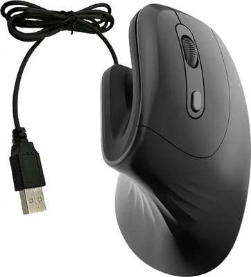 A black vertical mouse with a USB cable is shown against a white background.
