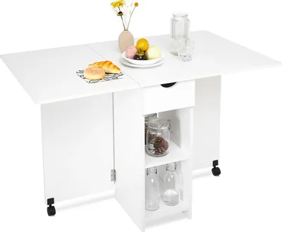 Produktbild von Mondeer Esstisch Klappbarer Küchentisch  mit einer Schublade und zwei Lagerregalkonsolen Esszimmertisch Kaffeetisch mit verstellbaren Füße