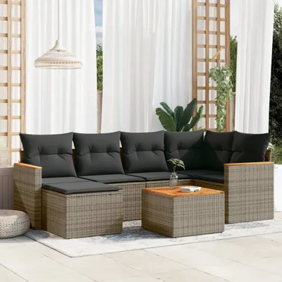 Produktbild von Design 7-tlg. Garten-Sofagarnitur mit Kissen Grau Poly Rattan, Gartenmöbel-Sets 2024 Neu