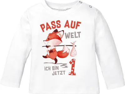 Produktbild von Baby Langarm-Shirt 1. Geburtstag Pass auf Welt ich bin jetzt 1 2 Fuchs Geburtstagsshirt Baumwolle MoonWorks® 1 weiß 68/74 (4-9 Monate)
