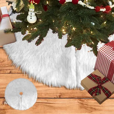 Productafbeelding van Eikuavons kerstboomkleed, 90 cm, gemaakt van lange pluche en vlies, een ronde kerstboomrok met een centrale opening van 10 cm, in de kleur wit