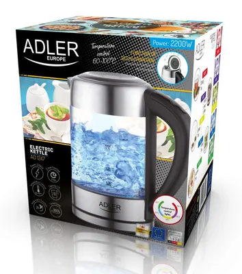 Produktbild von Adler AD 1247 NEW, 1,7 l, 2200 W, Haselnuss, Edelstahl, Transparent, Glas, Wasserstandsanzeige, Überhitzungsschutz