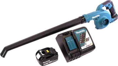 A cordless leaf blower with two batteries and a charger, laid out on a white background.