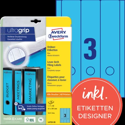 Produktbild von Avery Zweckform L4753-20 Ordner-Etiketten, A4 mit ultragrip, 61 x 297 mm, 20 Bogen/60 Etiketten, blau