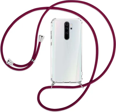 Produktbild von Handykette Backcover-Schutzhülle mit Band (Metall silberfarben) für Xiaomi Redmi Note 8 Pro - dunkelrot
