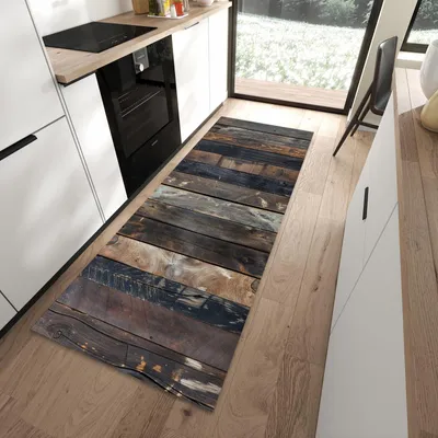 Produktbild von Küchenläufer 90 x 240 cm Braun rutschfest & waschbar – Küchenteppich Braune Holzdielen PVC Teppichläufer Küche