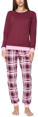Produktbild von Merry Style Damen Schlafanzug Zweiteiler Pyjama lang bunt mit Muster MS10-268 (Weinrot/Kariert, XXL)