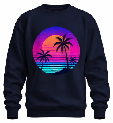 Zdjęcie produktu dla Bluza z kapturem w stylu retro lat 80., motyw synthwave, zachód słońca, palmy, plaża, vaporwave, kolor granatowy, rozmiar XL