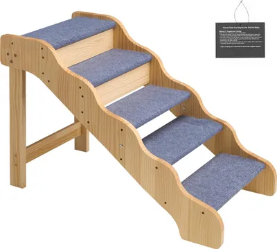 Produktbild von SucceBuy Haustiertreppe 910x430x630 mm, 5-stufige Holztreppe, geeignet für kleine, mittelgroße und große Haustiere sowie ältere Tiere und Welpen bis 68 kg, praktische Leiter für Betten, Sofas und Autos
