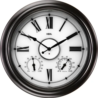 A close-up view of a large, round wall clock with Roman numerals, a thermometer, and a hygrometer.