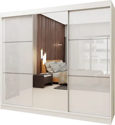 A white sliding door wardrobe with mirrored doors reflecting a bedroom interior.