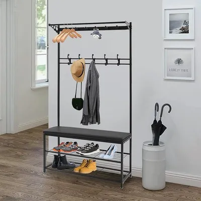 Imagen del producto de Perchero de metal con banco acolchado, perchero con 11 ganchos y 2 estantes para zapatos, armario para recibidor y pasillo, altura 170 cm