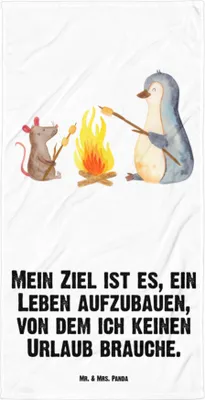 Produktbild von Mr. & Mrs. Panda Handtuch Pinguin Lagerfeuer - Weiß - Geschenk, Strandtuch, Großes Badehandtuch, Duschhandtuch, Grillen, Job, Maus, Arbeit, Duschtuch