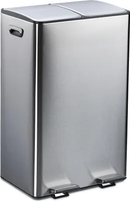 A stainless steel dual-compartment kitchen trash can with two foot pedals.