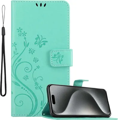 Obrázok produktu pre Cadorabo puzdro pre Apple iPhone 15 PRO MAX in FLORAL TURQUOISE ochranné puzdro v kvetinovom dizajne s magnetickým zapínaním, funkciou stojana a slotmi na karty flipové puzdro kvetinový obal puzdro na mobilný telefón flipové puzdro typu kniha