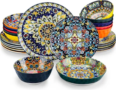 Produktbild von 24-teiliges Dinner-Set für 6 Personen - Buntes Geschirrset mit Dinner-Tellern, Desserttellern und Schalen