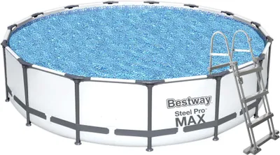 An above-ground swimming pool with a ladder.