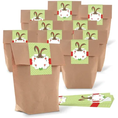 Produktbild von Logbuch-Verlag 10 kleine braune Verpackung Papiertüte 16,5 x 26 x 6,6 cm + 10 Osterhase Osteretiketten 7,2 x 21 cm Text Frohe Ostern Geschenk Aufkleber braun schwarz weiß rotOstersticker zum Beschriften / 10 Stück