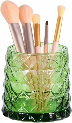 Imagen del producto de Organizador de maquillaje de vidrio, color verde, para guardar brochas y cosméticos, ideal para tocador