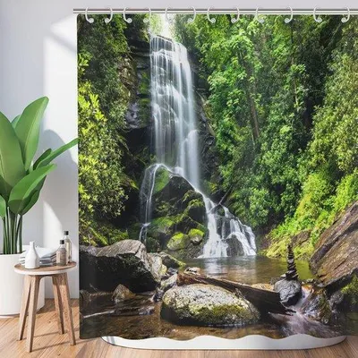 Obrázek produktu pro Sprchový závěs Les 180 x 180 cm, tropická džungle, deštný prales, zelený strom, rostlina, příroda, vodopád, krajina, sprchový závěs, voděodolný, polyester, pratelný, sprchový závěs s háčky