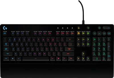 A top-down view of a black Logitech G213 Prodigy gaming keyboard with RGB lighting.