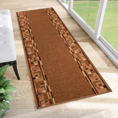 Produktbild von Läufer Teppich Meterware Flur Brücke Wohnzimmer Schlafzimmer Kurzflor Modern Rutschfest Braun Beige Vierecke Küche 100 x 530