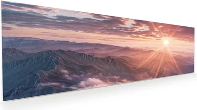 Produktbild von Glasbild 120x40cm in XXL für Wohnzimmer, Schlafzimmer Motiv Sonnenaufgang Berge