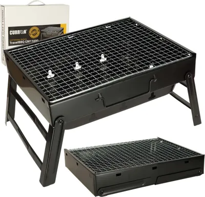A foldable charcoal grill is shown in its open and folded states, along with its packaging.