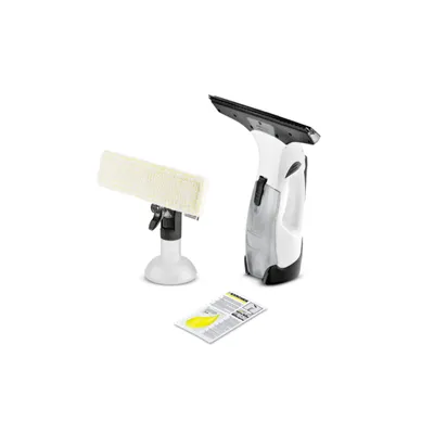 A window cleaning kit with a vacuum cleaner and a cleaning pad on a stand, along with a manual.