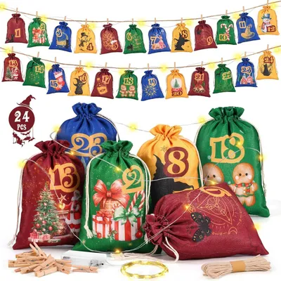 Image de Calendrier de l'Avent à remplir, comprenant 24 petits sacs en tissu et une guirlande de LED