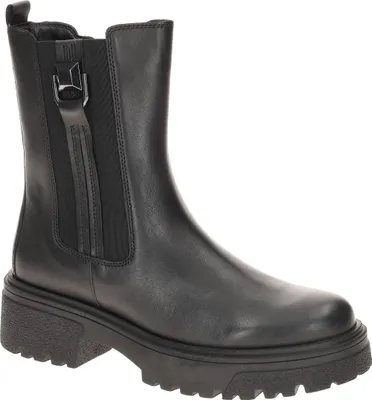 A black leather chelsea boot with a chunky sole and a decorative buckle detail.